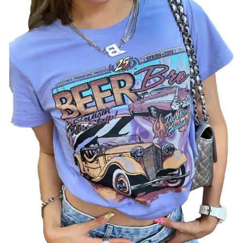 Ladies Summer Round Collar T-shirt, Girls Creative Car Letter Printing Short Sleeve Midriff-baring Tops Slim Base Shirt