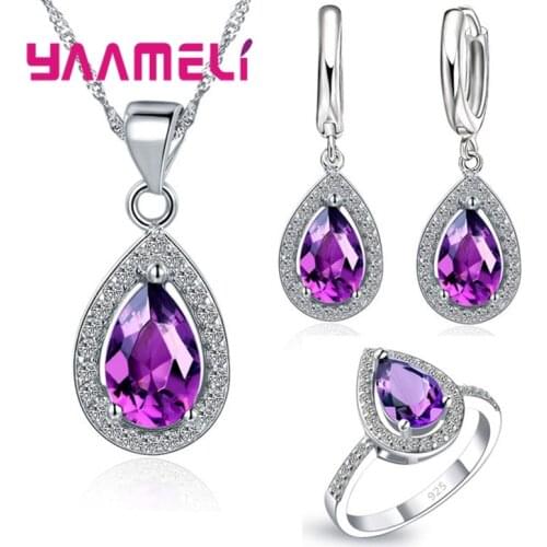 New Arrival Wedding Jewelry Sets Full CZ Crystal Water Drop Cubic Zircon Necklace/Earrings/Ring 925 Sterling Silver Jewelry