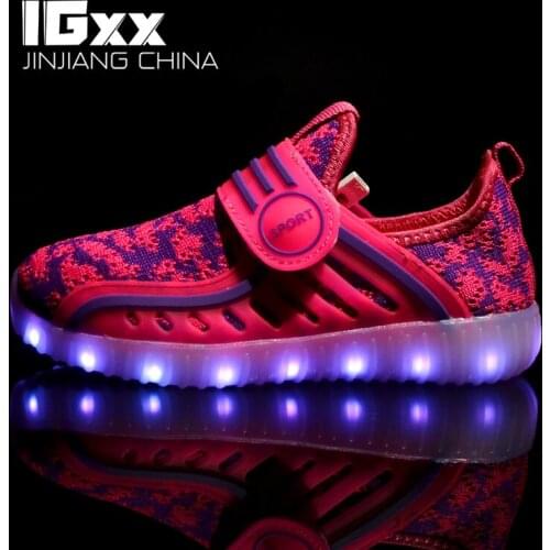 IGxx LED Light Up Shoes For Kids HooK&Loop Best Gift USB Charging Glowing Shoes LED Child Luminous Knit Sport LED Sneakers Boys