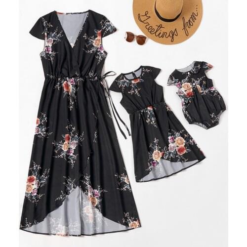 Summer Girls Short-Sleeve Long Dress Beachwear Bohemia Maxi Sundress Outfits Cotton Black Flower Print Dresses for Parent-Child