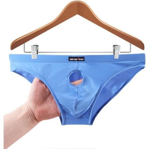 Pouch Hole Briefs Men sexy mens underwear Gay Penis Opening Ice Silk Underpants Man Slips Brand Male Panties Briefs Manview 2018