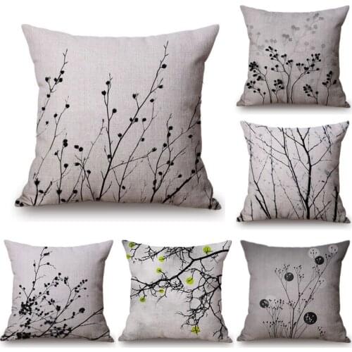 Nordic Black Ink Painting Tree Branch Cushion Cover Chinese Style Cotton Linen Throw Pillows Sofa Chair Decorative Pillowcase