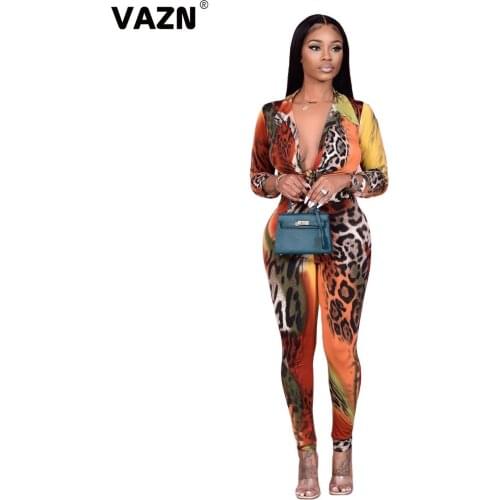 VAZN 2020 New High-end Leopard Sexy Club Soft Elastic Bandage Full Sleeve Top High Waist Long pants Slim Women 2 Piece Set