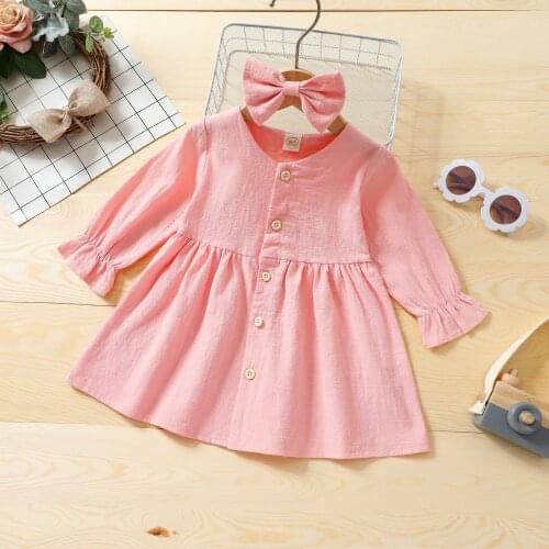 2Pcs Baby Girls Clothes Casual Outfit Solid Color Long Sleeves Single-Breasted Dress + Bow Hair Clip for 6 Months to 4 Years