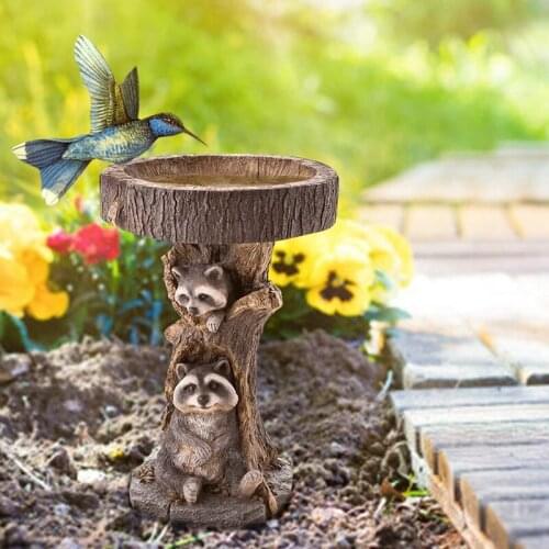 Raccoon Polyresin Bird Bath Brown Pedestal Handmade Gifts for Outdoor Home Garden Lawn Yard Decorations