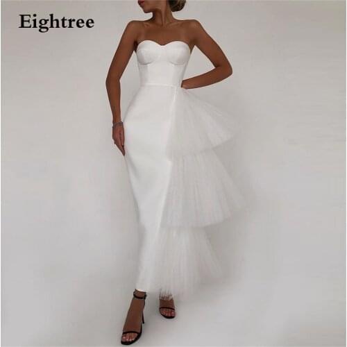Eightree Simple Strapless Tulle Tiered Beach Short Wedding Dresses Sweetheart Sleeveless Boho Bride Gowns Abito Da Sposa
