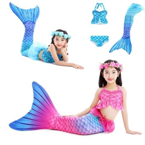 Drop Shipping 3 PCS Girls Mermaid Tail Swimsuit Red Blue Bikini Tails Bathing Suit Kids Cosplay Costumes Children Dress Newest