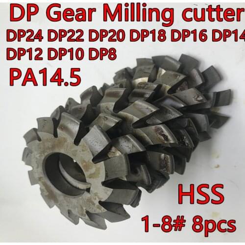 DP24 DP22 DP20 DP18 DP16 DP14 DP12 DP10 DP8 1-8# 8pcs/set PA14.5 HSS Gear Milling cutter Free shipping