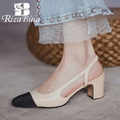 RIZABINA 2021 Women Sandals Shoes Real Leather Round Toe Thick High Heel Mixed Color Slip On Shoes Daily Footwear Size 32-43