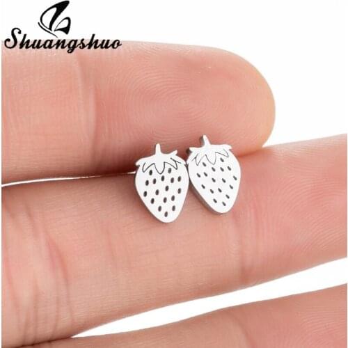 Shuangshuo Cute Fruit Stud Earrings Fashion Bohemian Jewelry for Women Lovely Strawberry Stainless Steel Earrings New Year Gift