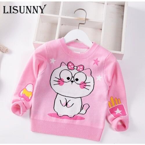 Girls Sweater 2021 Autumn Winter Cartoon Cat Princess Baby Jumper Bow Children Sweaters Toddler Pullover Kids Knitted Clothes
