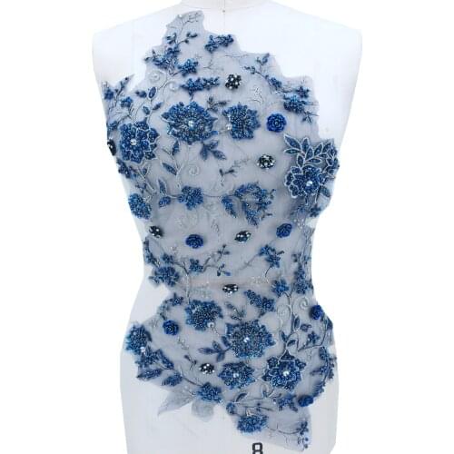 Deep blue lace applique with handsewing beads rhinestones trim patches 61*31cm for prom dress accessory