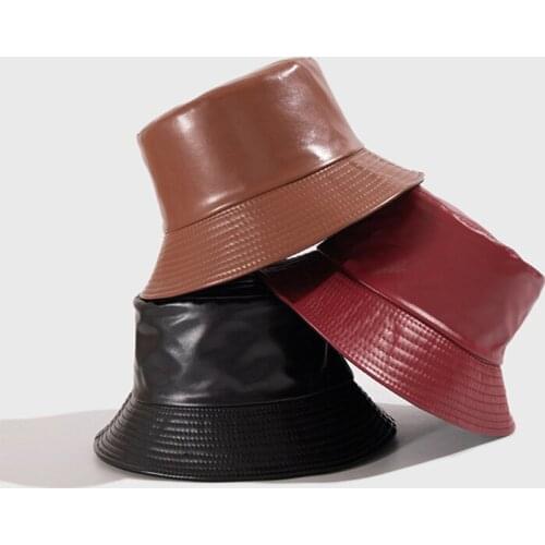 Unisex New Solid Color PU Leather Double-sided Wear Hat Solid Color Mens Bucket Hat Street Fisherman Caps Hats for Women Gorras