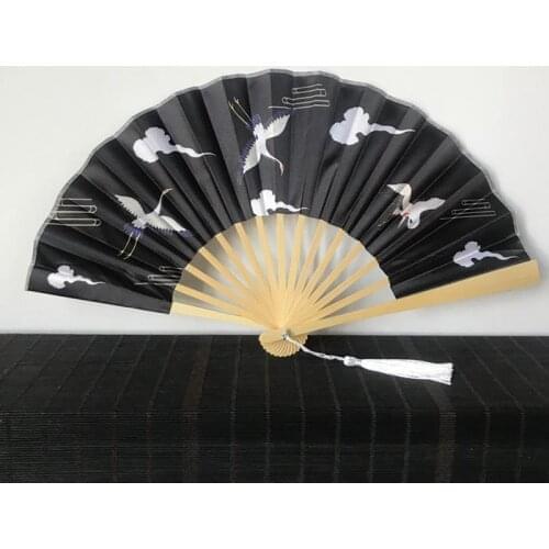 2021 Ethnic Handicrafts Silk Folding Fan Wooden Shank Classical Dance Fan High Quality Tassel Elegent Female Fan Home Decoration