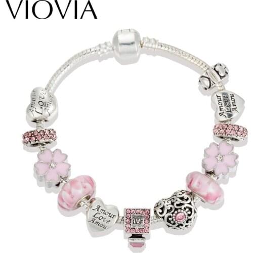 VIOVIA Dropshipping Pink Glass Beads Silver Plated Heart Bead With Nice Marano Beads Fit Original Fine Charm DIY Jewelry B16182