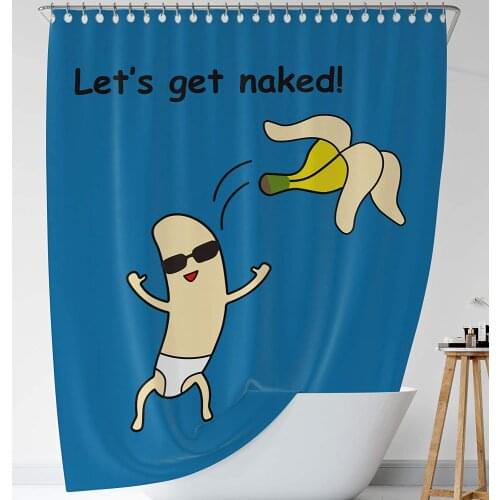 Thick Fabric Funny Shower Curtain, Yellow Cute Cool Funny Banana Get Naked Theme Blue Waterproof Shower Curtain Set for Bathroom