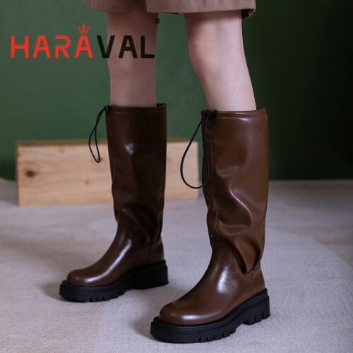HARAVAL Women Knee-High Boots Shoes Thick Bottom Round Toe Snow Boot Short Plush Warm Wool Shoes Women Footwear Black BrownE415L