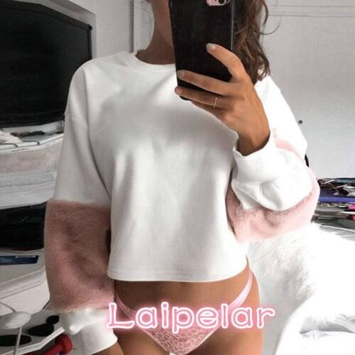 Faux Fur Cropped Hoodies Women Oversized Long Sleeve x White Pacthwork Sweatshirts Warm Casual Loose Sexy Pullover Tops