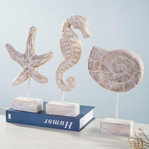 12 Sets New arrival Mediterranean Style Wood Crafts Starfish Conch Hippocampus Carving Marine for Home Ornament Decoration