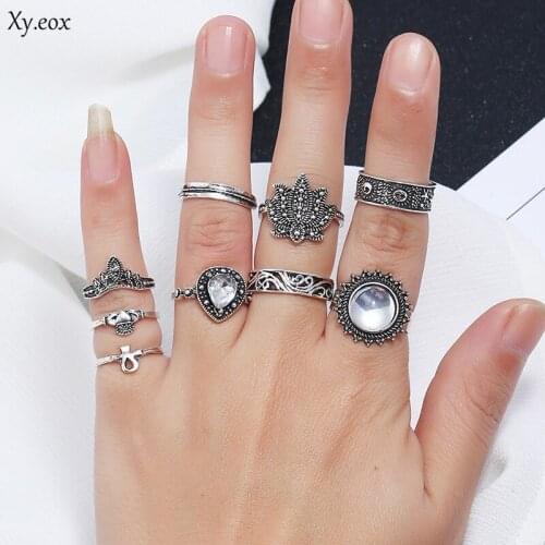 9pcs/set Ring vintage exaggerated gemstone drop starfish combination