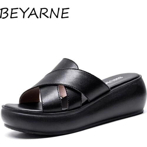 BEYARNESlippers Woman Platform Genuine Leather Summer Shoes Fashion Wedges Heels Sandals Womens Slides Large Size 40-41