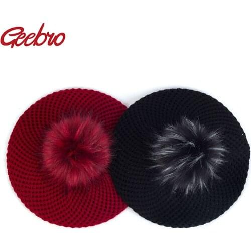 Geebro Women Winter Fashion Casual Double Layer Berets Hat Knitted Wool Berets With Faux Fur Pom pon Ladies Acrylic Beret Hats