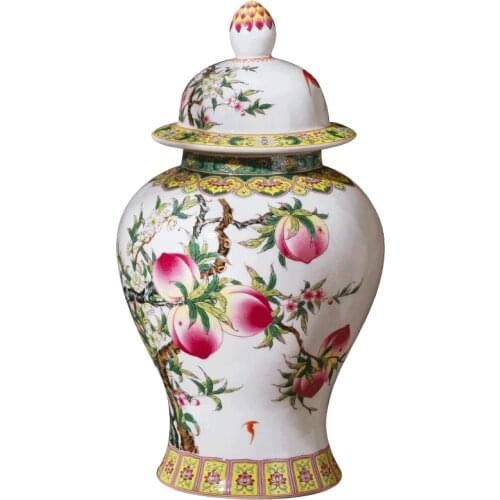 Jingdezhen Ceramics Nine Peaches Pattern General Tank Pot Chinese Storage Pot Home Living Room Decoration TV Cabinet Decoration
