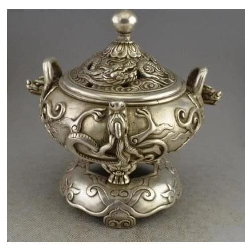 China silver finely dragons decorative pattern incense burner censer statue