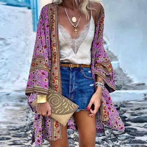 2021 Women Boho Print Floral Beachwear Kimono Cardigan Loose Long Sleeve Shawl Capes Blouse Bikini Cover Wrap Outdoor Thin Coat