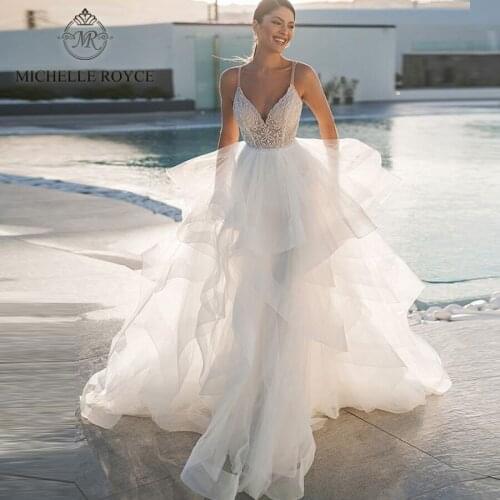 Michelle Royce A-Ling Wedding Dresses 2020 Sexy V-neck Spaghetti strap Beading Button Chapel Train Bridal Gowns Vestido De Noiva