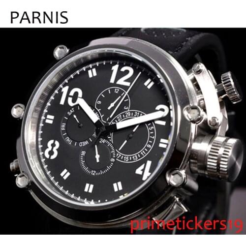 Week day date multifunction 50mm parnis black dial automatic mens watch