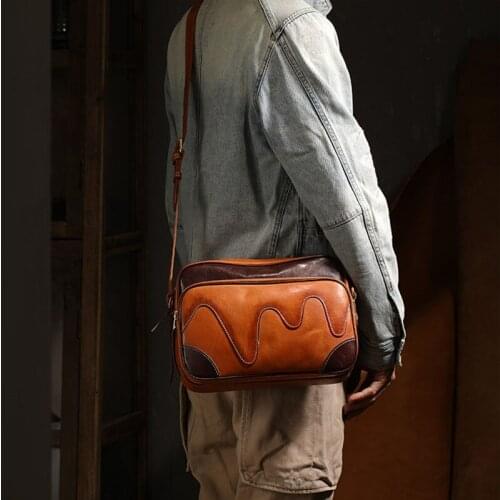Fashion handmade designer natural genuine leather mens messenger bag horizontal square youth high-quality cowhide shoulder bag