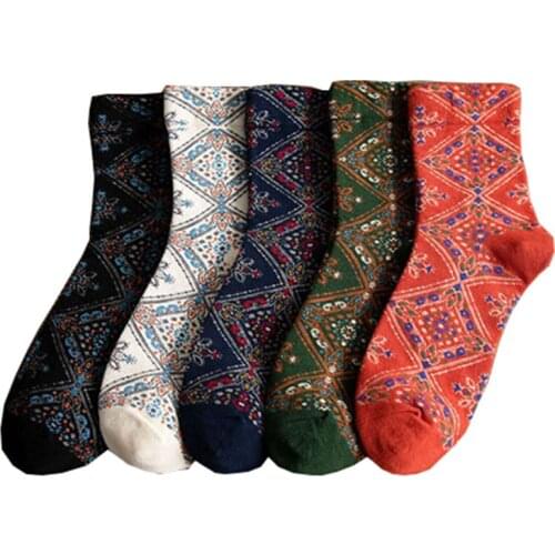 Fashion New Ethnic Style Socks Women Plaid Middle Tube Retro Jacquard Autumn Long Socks Cotton Breathable Harajuku Calze Donna
