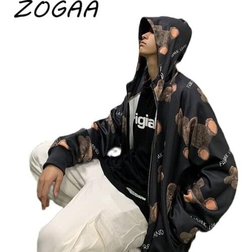 ZOGAA Warm Hooded Sweatshirt Spring Mens Sweatshirt Bear Print Harajuku Hip Hop Street Jacket Thicken Large Size Mens Jacket