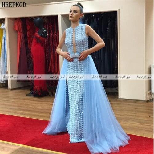 Mint Blue Lace Long Arabic Evening Dress Detachable Train High Slit Plus Size Special Occasion Dresses Women Pageant Gowns