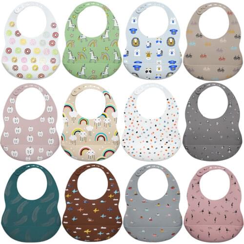 2020 New Printed Carton Silicone Bib Waterproof Baby Feeding Newborn Cartoon Aprons Adjustable Baby Bibs Burp Cloth