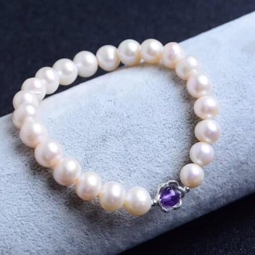 Wholesale White Natural Pearl Bracelets Pearl Beads with Purple Crystal Round Bead Bracelets for Women Jewelry JoursNeige