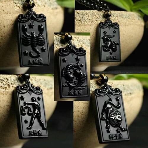 Drop Shipping Black Obsidian 12 constellation Necklace Pendant With Chain Womens Jewelry Mens Jewelry