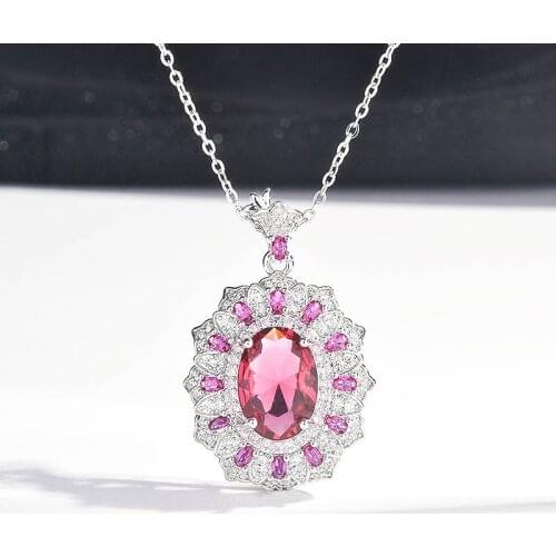 Luxury Silvery Necklace Oval Red Zircon Fine Pendant Ornaments Womens Wedding Party High Grade Jewelry Christmas Gift Wholesale