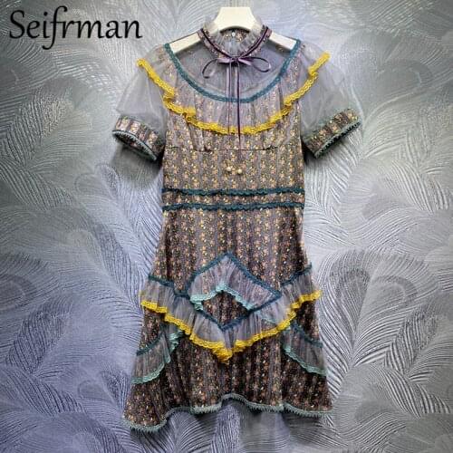 Seifrmann New 2021 Summer Women Fashion Designer Party Short Dress Lantern Sleeve Bow Ruffles Lace High Waist A-Line Dresses