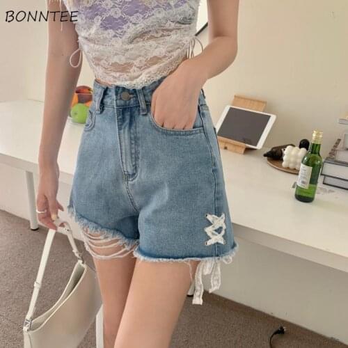 Shorts Women Pockets Denim Sweet Girl High Waist Fashion Distressed Casual Students Tender Kawaii Ulzzang Chic Stylish Bandage