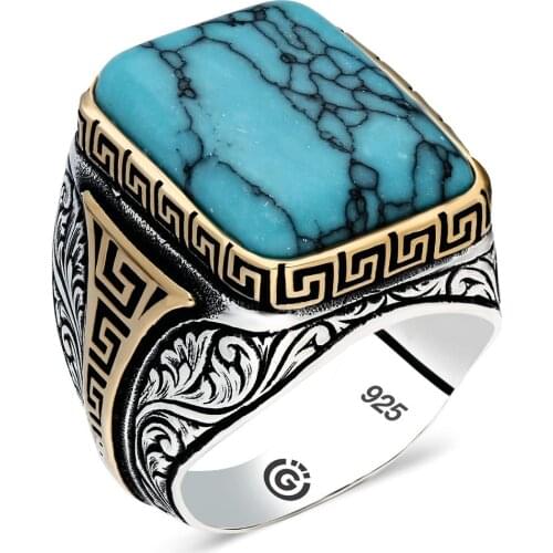 Modern Silver Ring Rectangle Blue Turquoise Gemstone Silver Ring Men Silver Ring Made in Turkey Solid 925 Sterling Silver