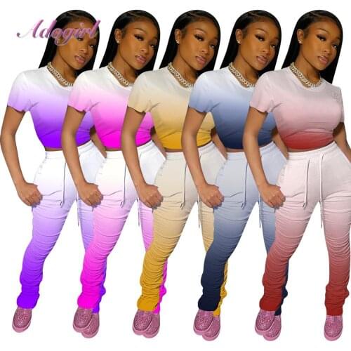 Women Tracksuit Casual Gradient Color Short Sleeve Crop Tops TeeStacked Leggings Bell Bottom Pants Suit Joggerss Two Piece Set