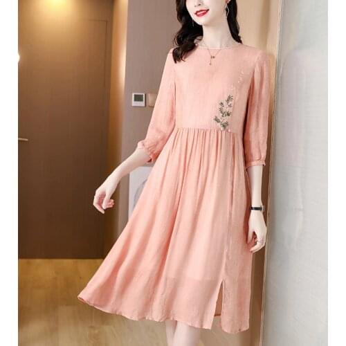 2021 Vintage 3XL Plus Size Cotton Linen Dress Summer New Floral Embroidery Pink Midi Dress Women Elegant Bodycon Party Vestidos