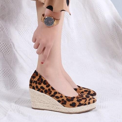 2021 Women 7cm Heel Leopard Flock Wedge Single Shoes Womens Platform Espadrilles Spring and Autumn New Sandals High Heels