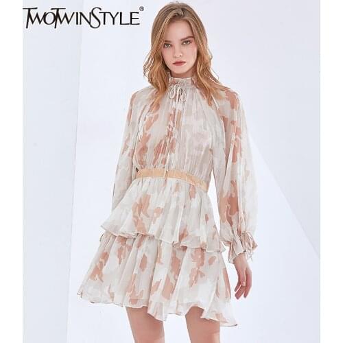 TWOTWINSTYLE Elegant Patchwork Ruffle Dress Female Stand Collar Lantern Sleeve High Waist Print Chiffon Dresses Female Fashion