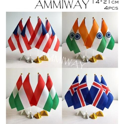 AMMIWAY 14x21cm 4pcs Puerto Rico India Indian Country Table Flags Hungary Hungarian Iceland Country Desk Flag Plastic Base Stand