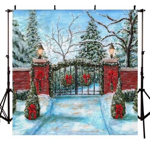 Avezano Winter Christmas Photography Backdrops Oil Painted Tree Red Brick Wall Iron Gate Kids Portrait Background Photo Studio