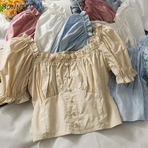 Blouses Women Elegant Soft Cozy Feminine All-match Retro Summer Solid Square Collar Crops Blusas Basic Beach Wear Slim Preppy