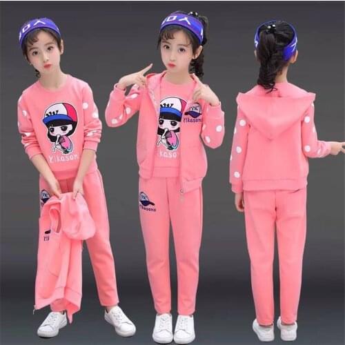 10 12 Year Old Childrens Hooded Cotton Tracksuit Girls Fashion cartoon Zipper Three Piece Teenage Kids Clothes Sets